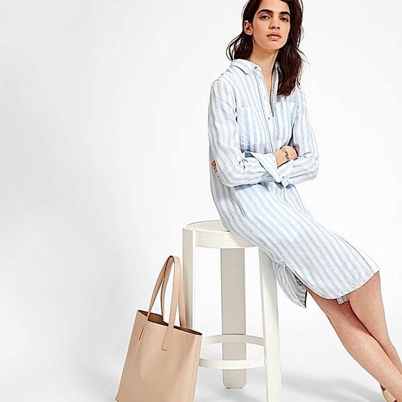Everlane Linen Dress Blue & White Striped Collared Shirt Dress Size 00 - Picture 1 of 10